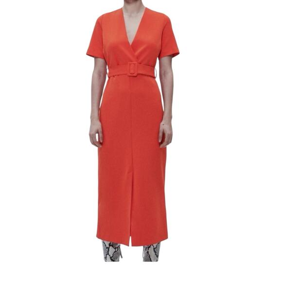 ZARA Midi Dress Belted Orange Sheath Large - Picture 3 of 12
